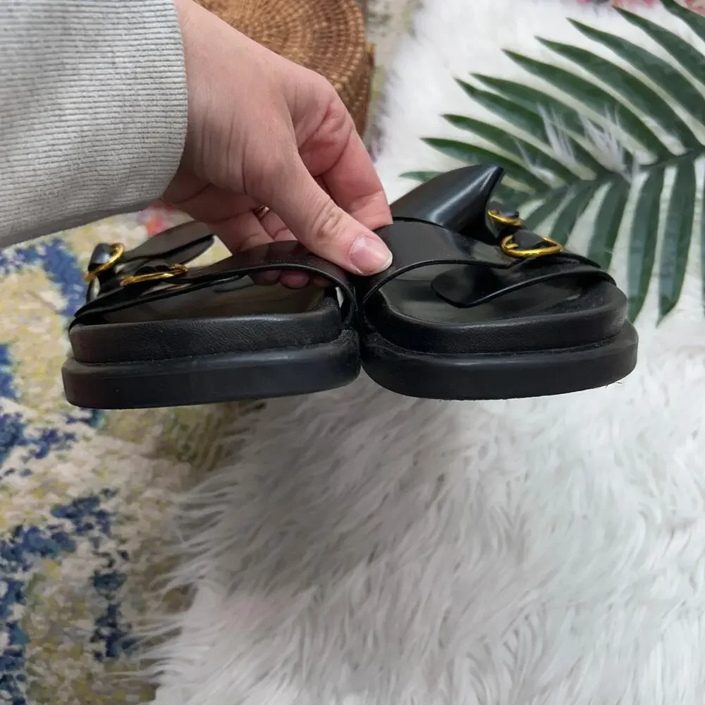 Zara Black Faux Leather Slip On Slide Sandal 39 / 9 Neutral Minimalist Gold Tone - Picture 2 of 5